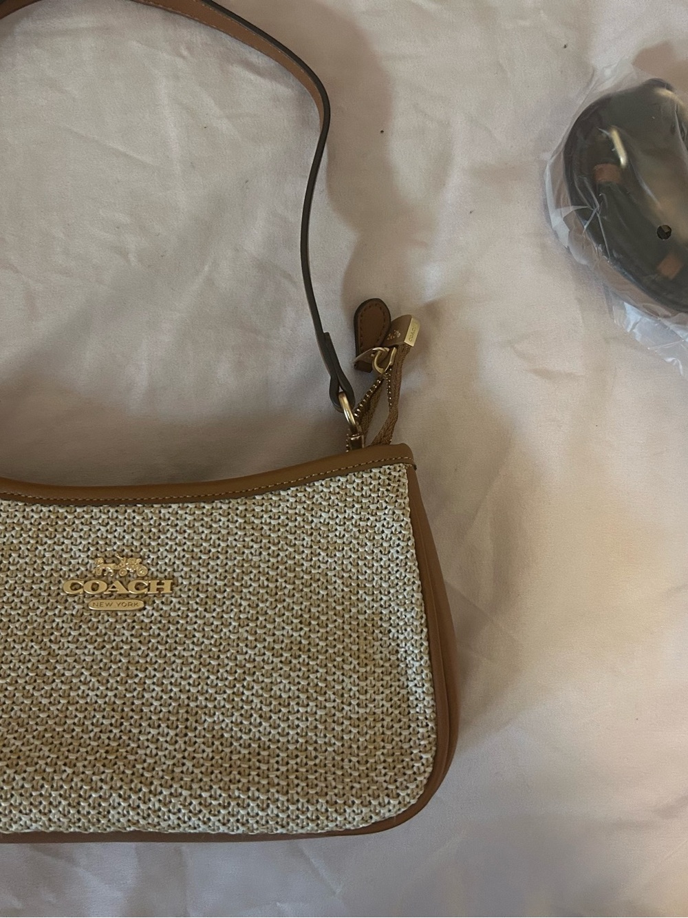 Coach Woven Straw Shoulder Bag with Tan Trim